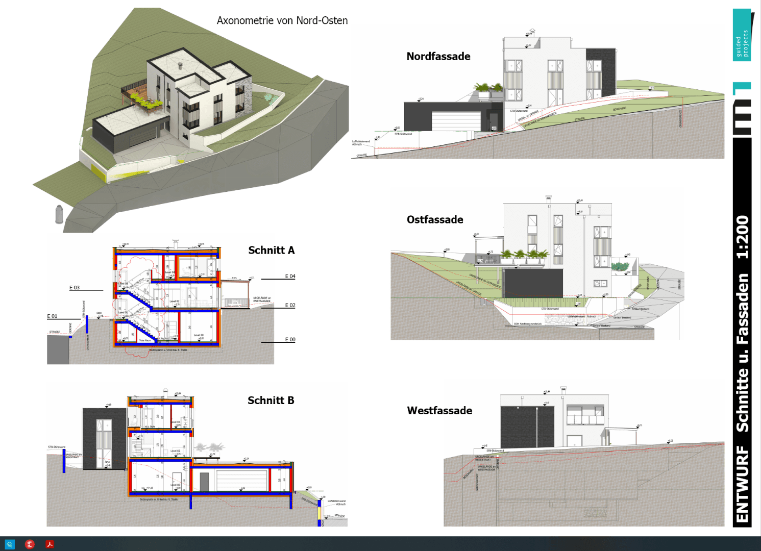 Architektonische Pläne mit Axonometrie, Fassadenansichten und Gebäudeschnitten des geplanten Hauses.
