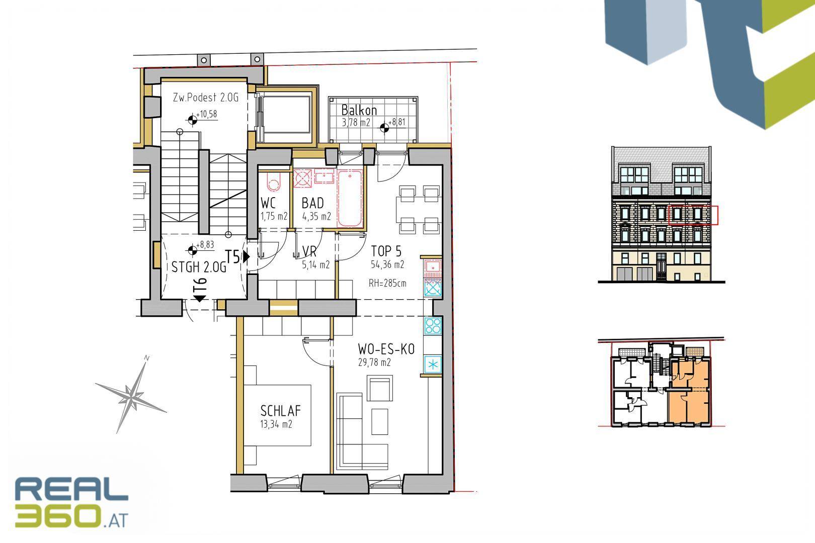 Grundriss einer Wohnung mit Schlafzimmer, Bad, WC und offenem Wohn-Ess-Kochbereich.