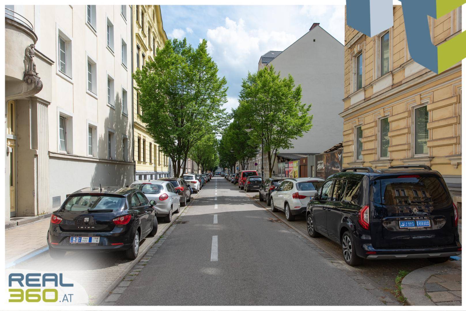 Baumgesäumte Straße mit parkenden Fahrzeugen und Gebäuden in einer städtischen Umgebung.