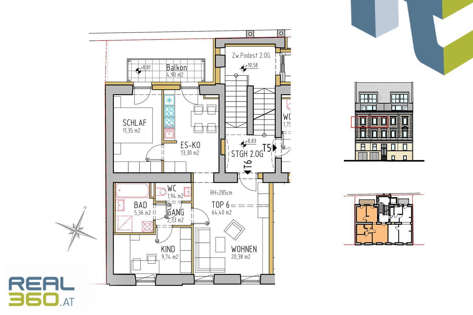 Grundriss einer Wohnung mit Balkon, zwei Schlafzimmern und separatem WC.