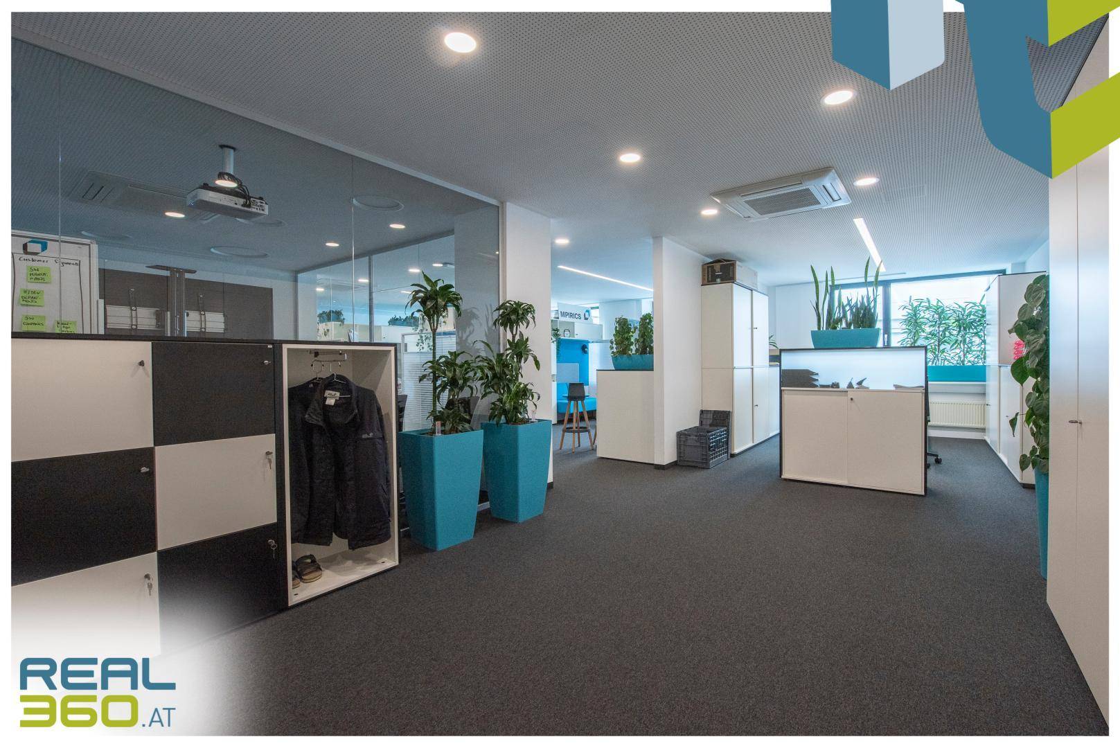 Moderner Bürobereich mit Schließfächern, Glaswänden und dekorativen Pflanzen.