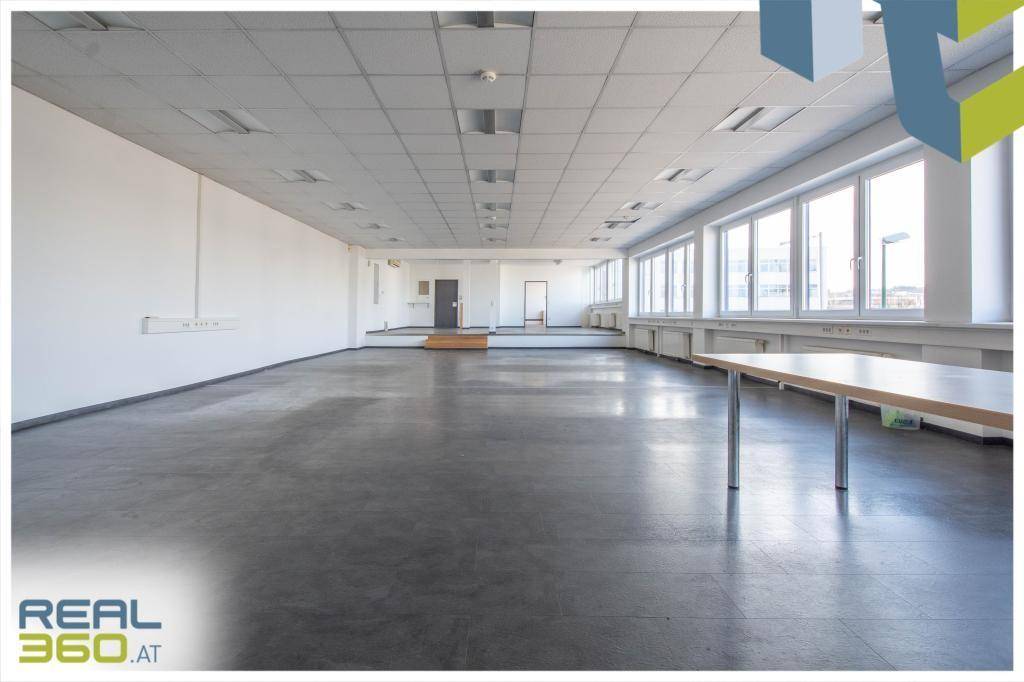 Heller, weitläufiger Büroraum mit großen Fenstern, abgehängter Decke und grauem Betonboden.
