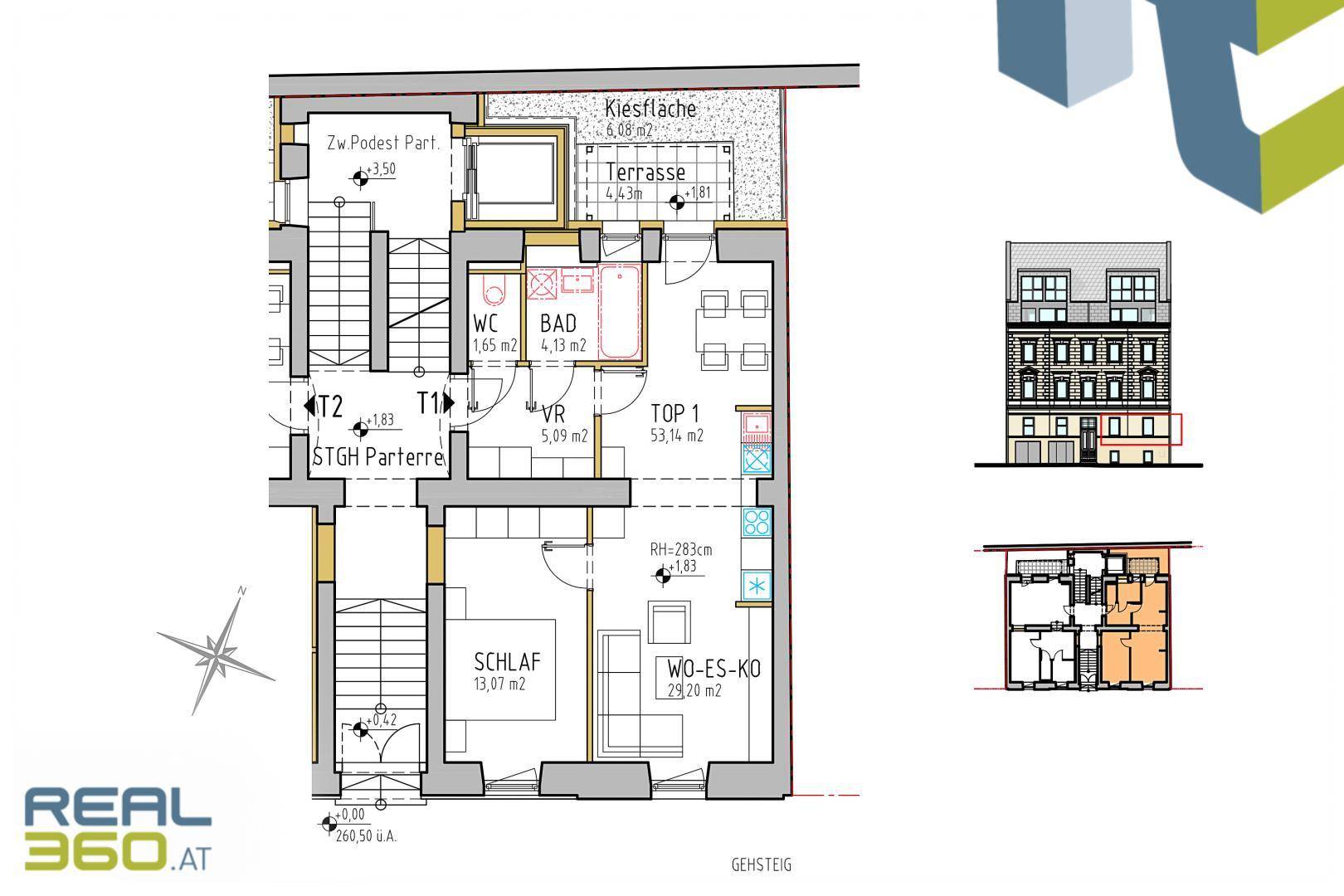 Grundriss einer Wohnung mit Schlafzimmer, Wohn-Ess-Kochbereich, Bad, WC und Terrasse.