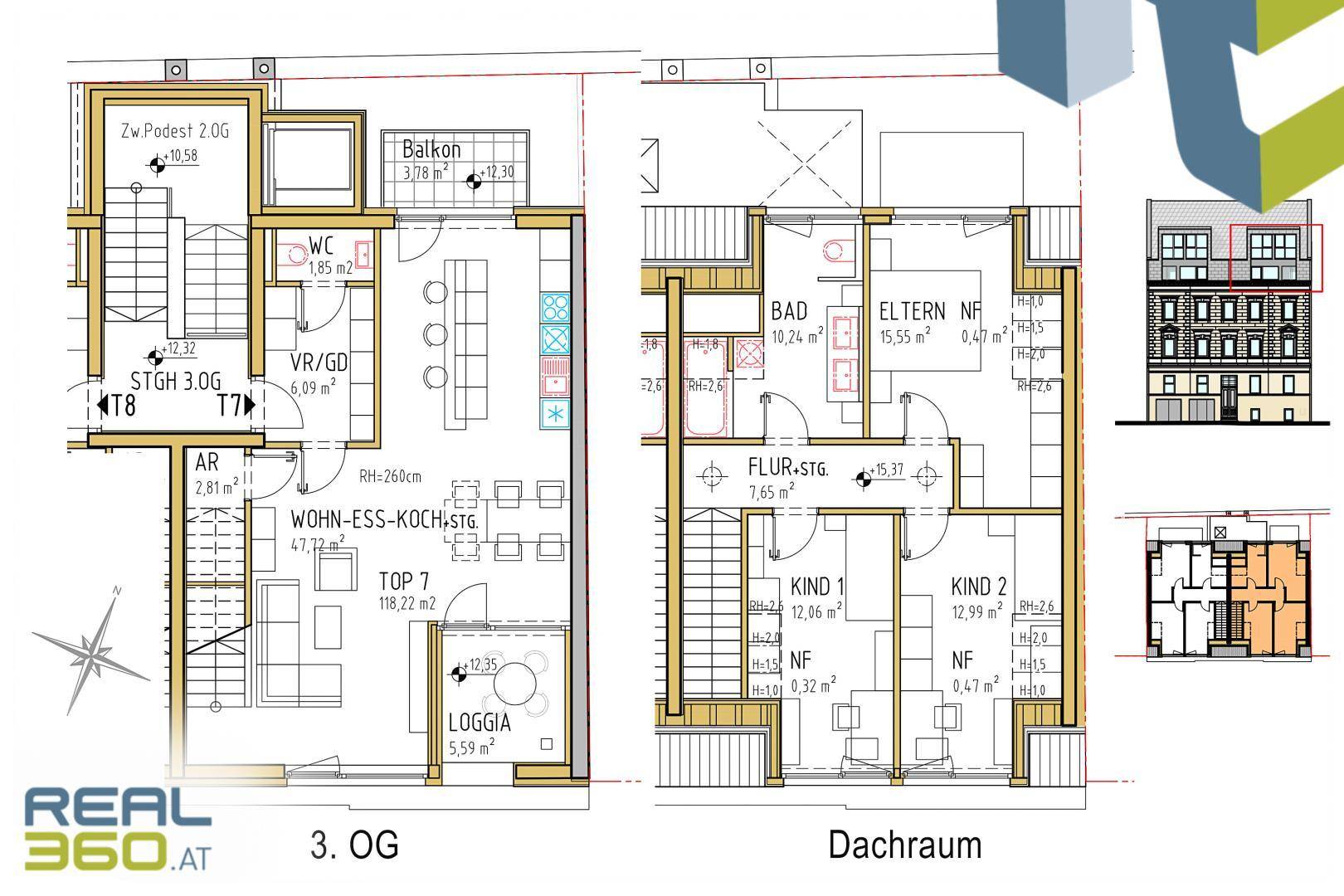 Detaillierter Grundriss einer Maisonette-Wohnung über zwei Etagen mit Balkon und Loggia.