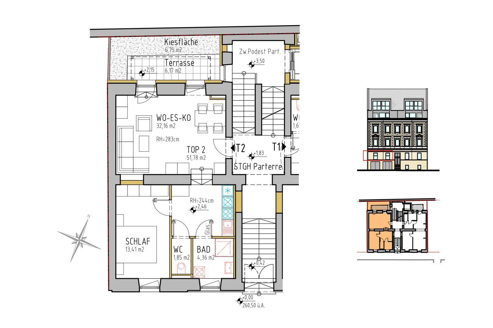 Grundriss der Wohnung TOP 2 mit offenem Wohnbereich, Schlafzimmer, Bad und Terrasse.