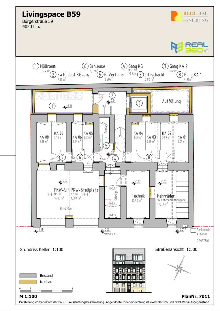 Grundriss des Kellers mit Fahrradraum, Technikraum, Lagerräumen und Tiefgaragenstellplätzen.