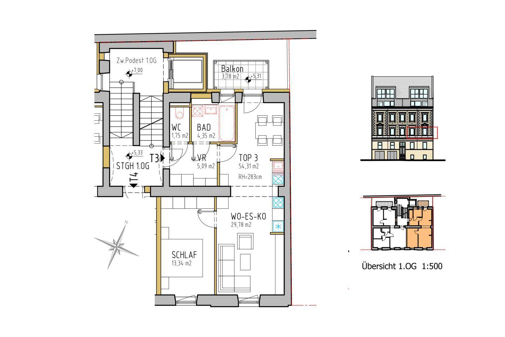 Grundriss einer Wohnung im ersten Obergeschoss mit Balkon, Schlafzimmer und offenem Wohn-Ess-Kochbereich.
