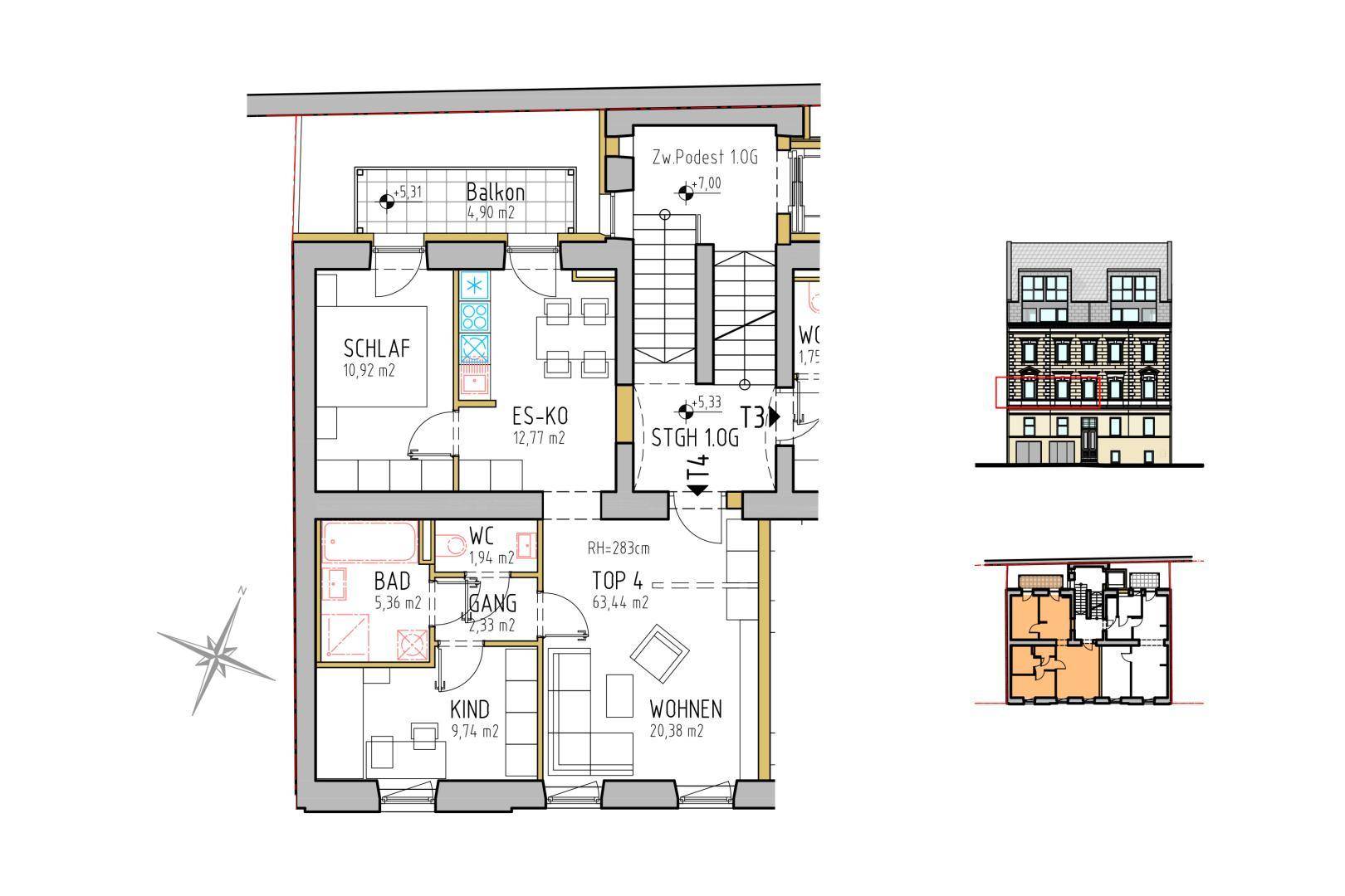 Grundriss einer Wohnung mit offenem Wohnbereich, zwei Schlafzimmern und Balkonzugang.