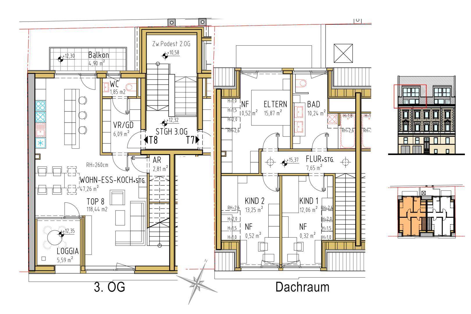 Grundrissplan des 3. Obergeschosses und Dachraums mit offenem Wohnbereich und Balkon.