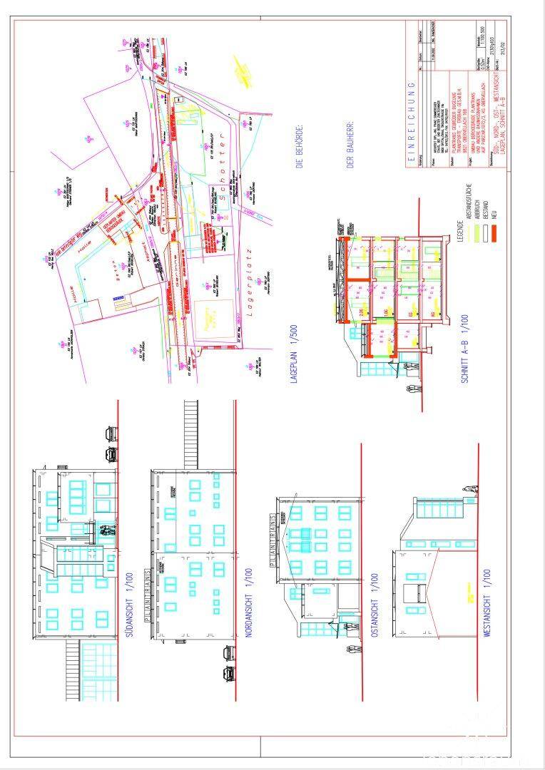 Architektonische Zeichnungen mit verschiedenen Ansichten und einem Lageplan des Gebäudes.