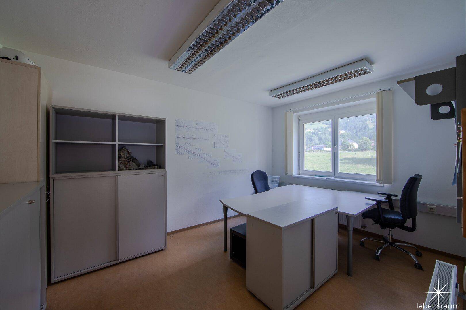 Einzelbüro mit Schreibtisch, Bürostühlen und einem Fenster mit Blick auf die Landschaft.