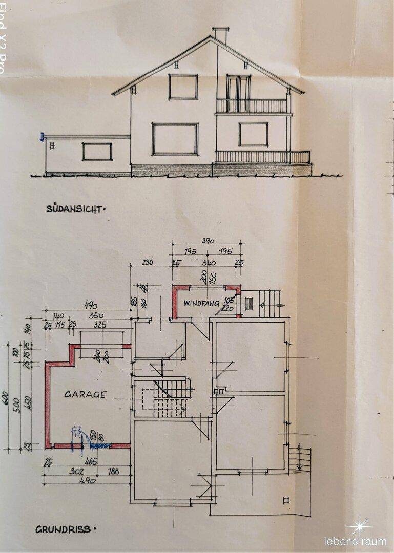 Südansicht und Grundriss EG + Garage