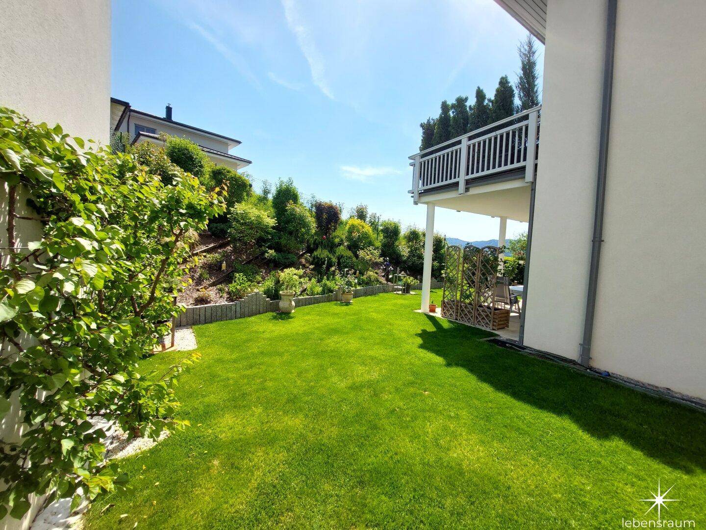 Gepflegter Gartenbereich mit Rasenfläche und vielfältiger Bepflanzung in sonniger Lage.