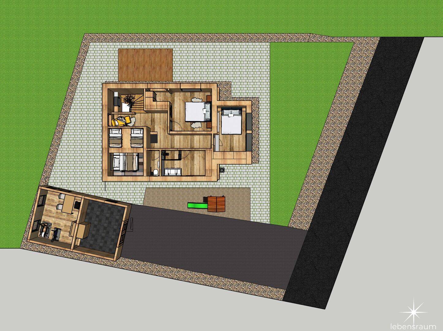 Übersichtlicher Grundriss des Obergeschosses mit Schlafzimmern und Bädern.