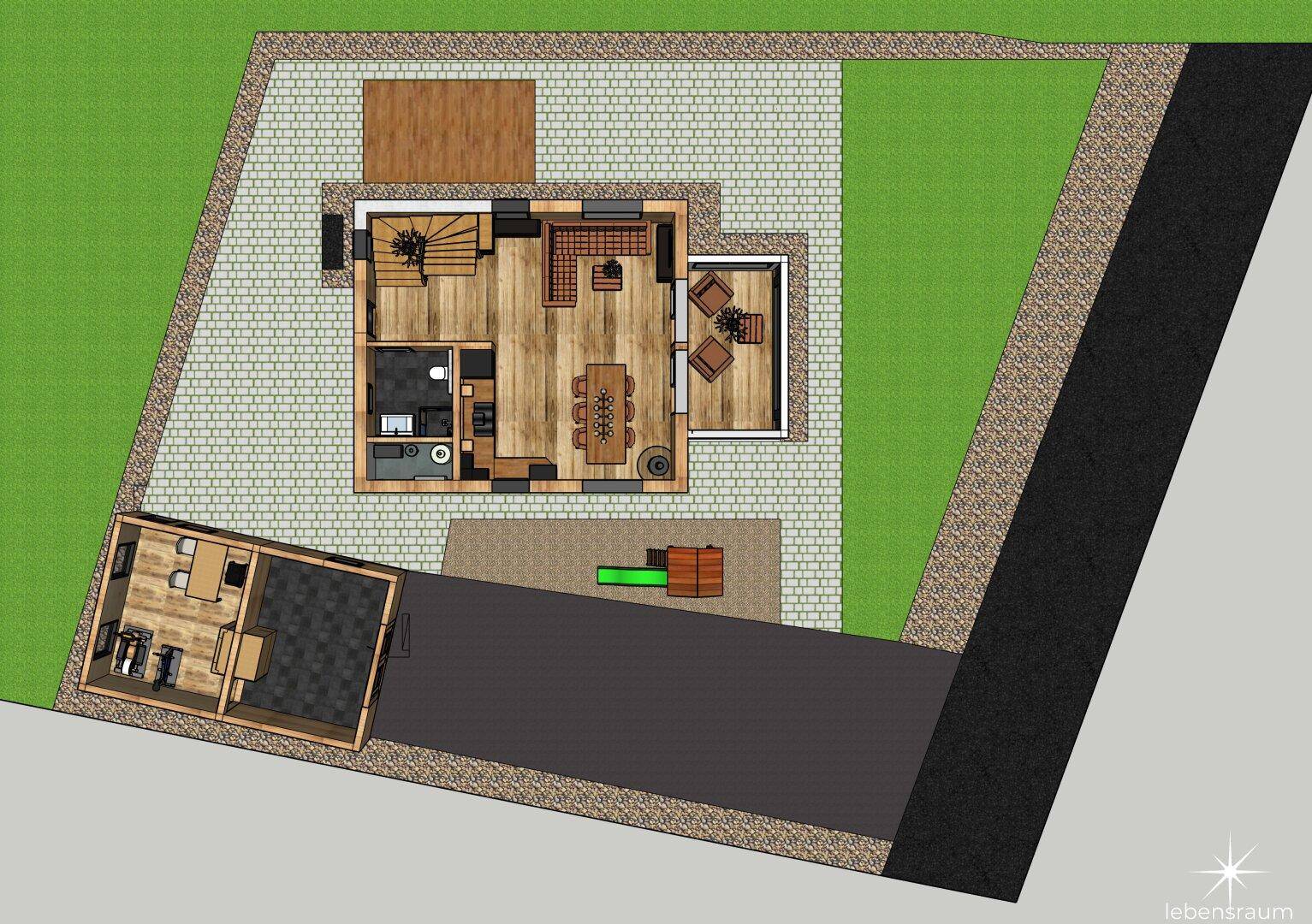 Detaillierter Lageplan des Anwesens mit Haus, Parkplatz und Gartenbereich.