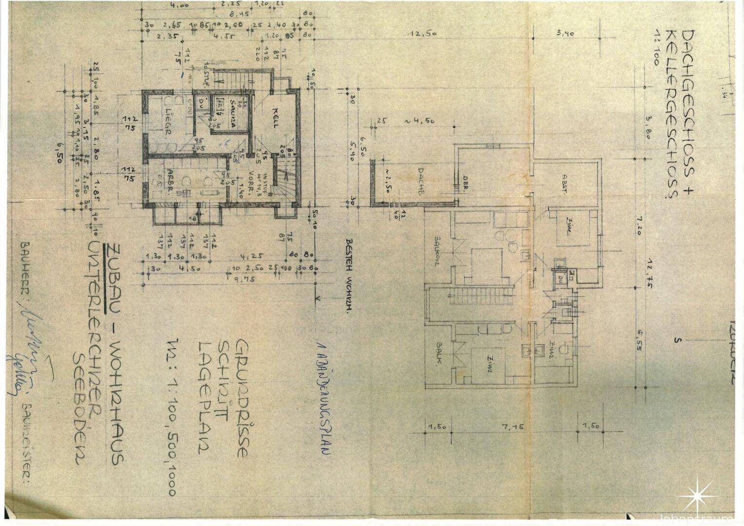 Grundrisse des Dachgeschosses und Kellergeschosses mit Erweiterungsbau.