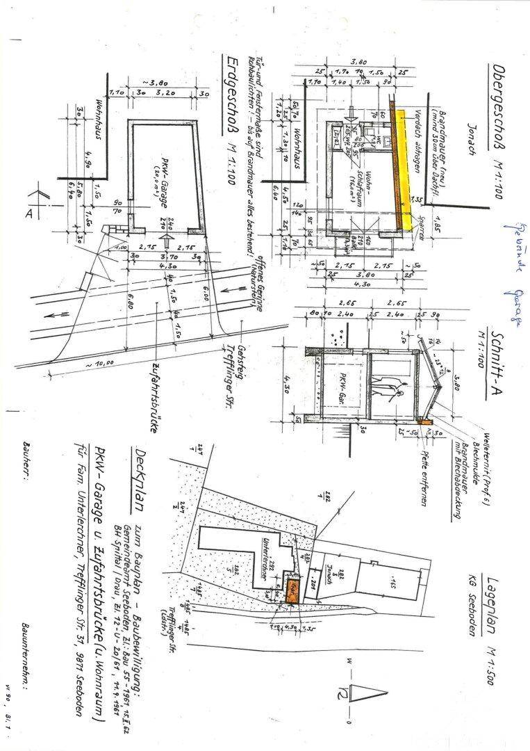 Lageplan und Schnitte des Gebäudes mit Garagenzufahrt und Straßenverlauf.