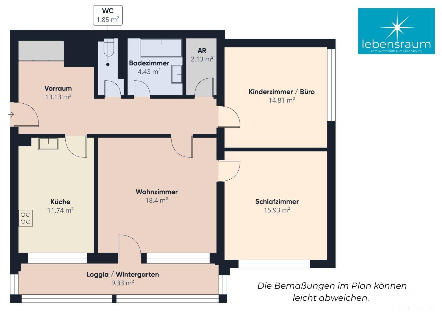 Farbiger Grundriss der Wohnung mit Raumaufteilung und Flächenangaben in m².