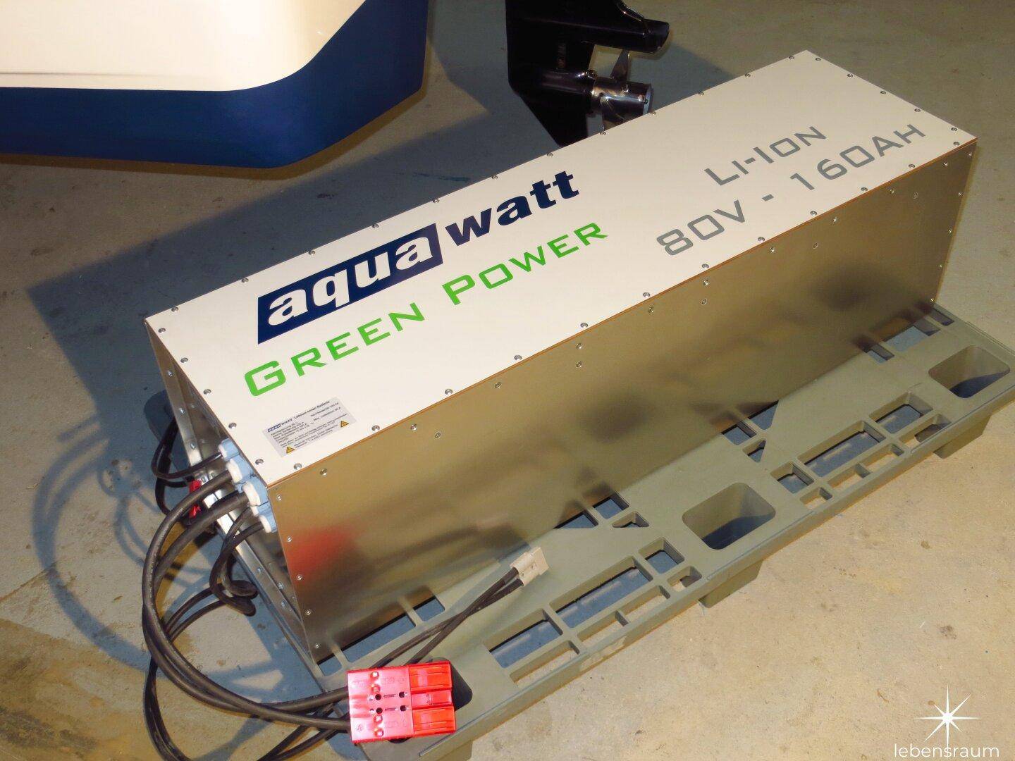 Ein großer Li-Ion Akku mit 'aqua watt Green Power' Beschriftung steht auf einer Palette in einem industriellen Raum.