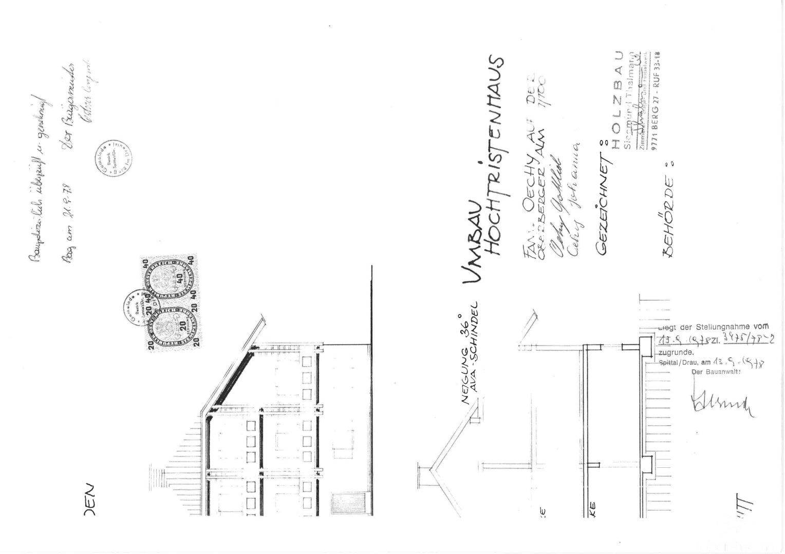 Architektonische Zeichnung für den Umbau des Hochtristenhauses mit Schnitten und Details.