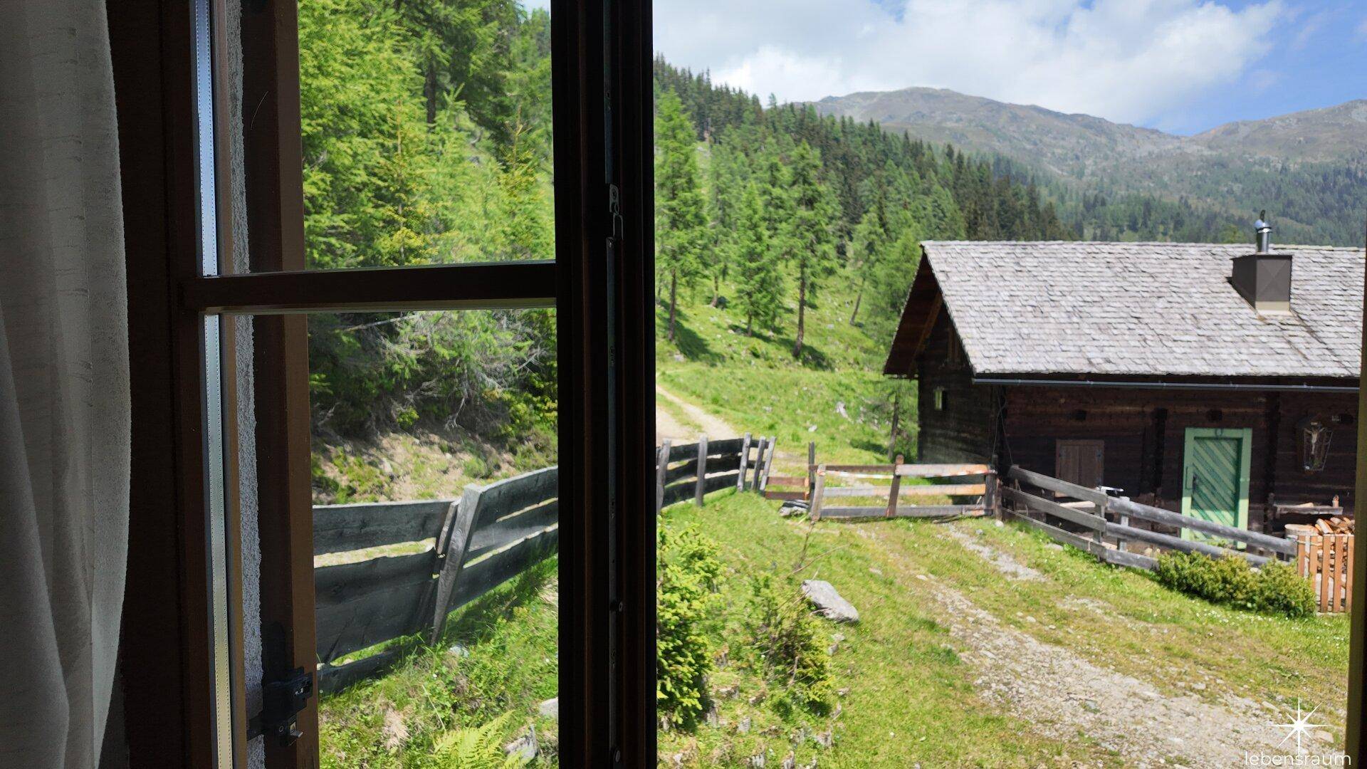 Blick aus dem Fenster auf eine grüne Berglandschaft und ein weiteres Holzhaus.