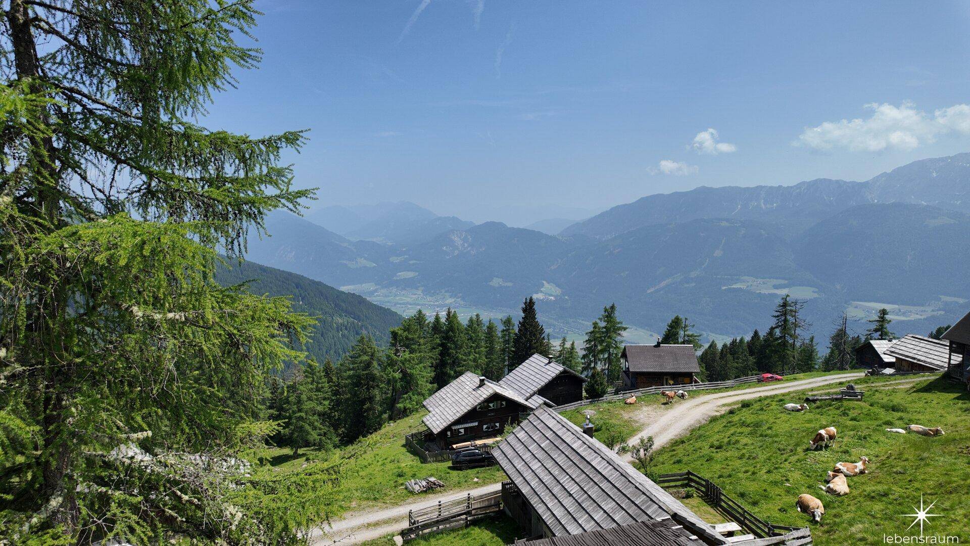 Malerischer Ausblick auf eine Berglandschaft mit traditionellen Holzhäusern und weidenden Kühen.