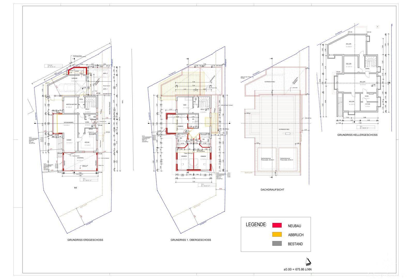 Grundrisse des Erdgeschosses, Obergeschosses und Kellergeschosses mit Kennzeichnung von Neubau- und Bestandsbereichen.