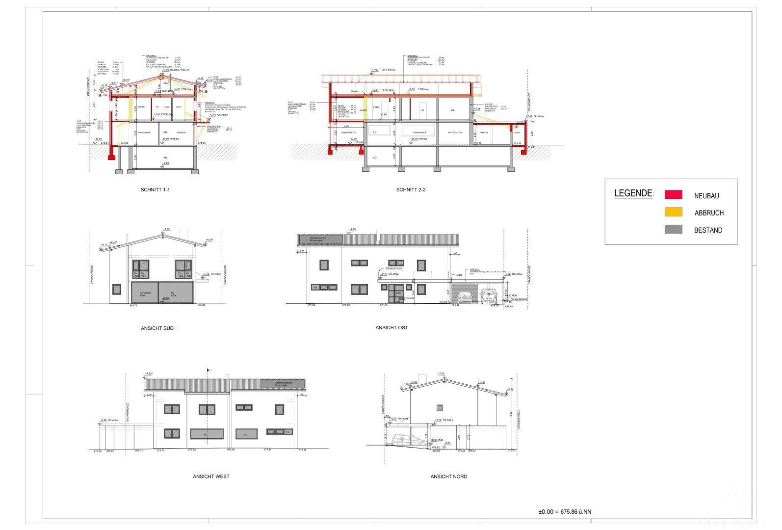 Architektonische Schnitte und Ansichten des Gebäudes von allen Seiten mit Details zur Konstruktion.