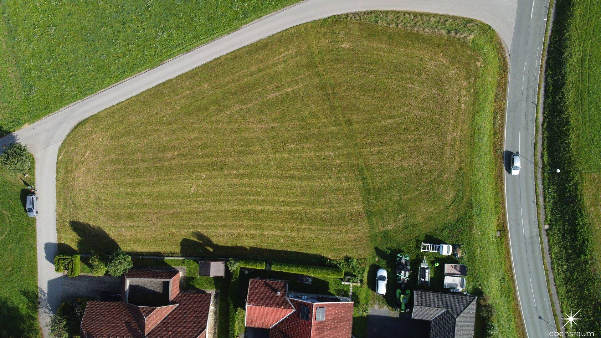 Senkrechte Luftaufnahme eines großen, gepflegten Wiesengrundstücks, umgeben von Straßen und Bebauung.