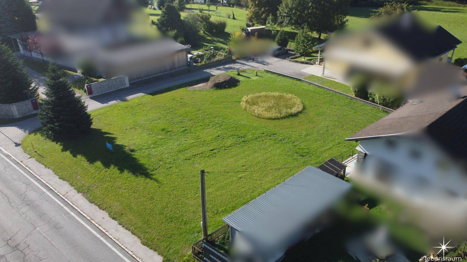 Blick auf das grüne Baugrundstück mit angrenzender Straße und umliegenden Häusern.