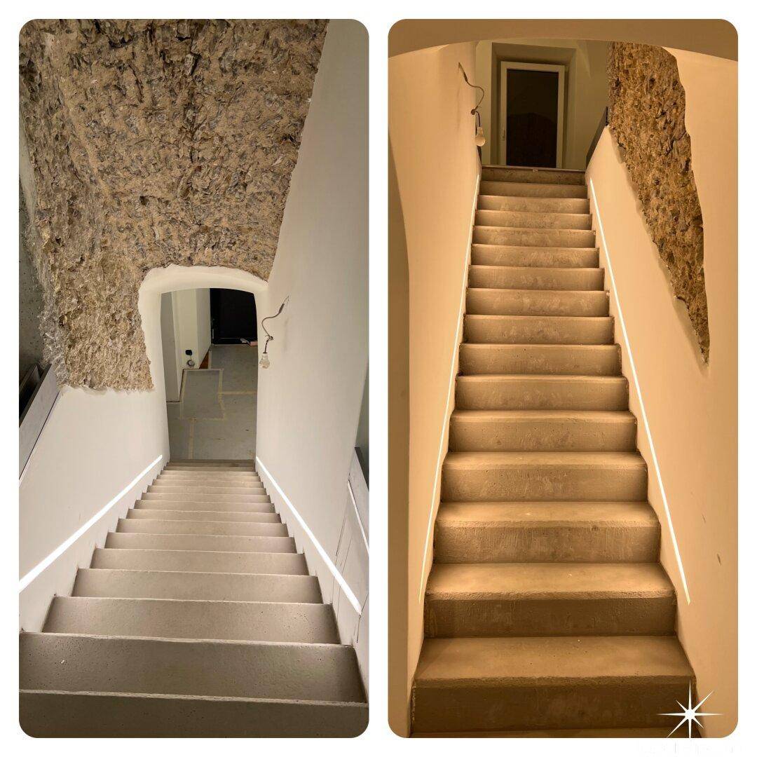 Collage zeigt eine Steintreppe mit integrierter Beleuchtung und freigelegten Steinwänden.