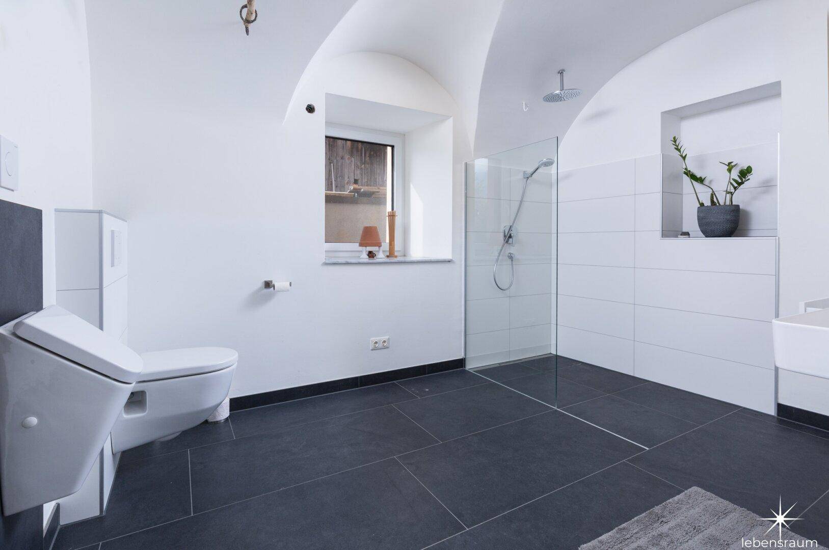 Modernes Badezimmer mit dunklen Fliesen, begehbarer Dusche und Bidet.