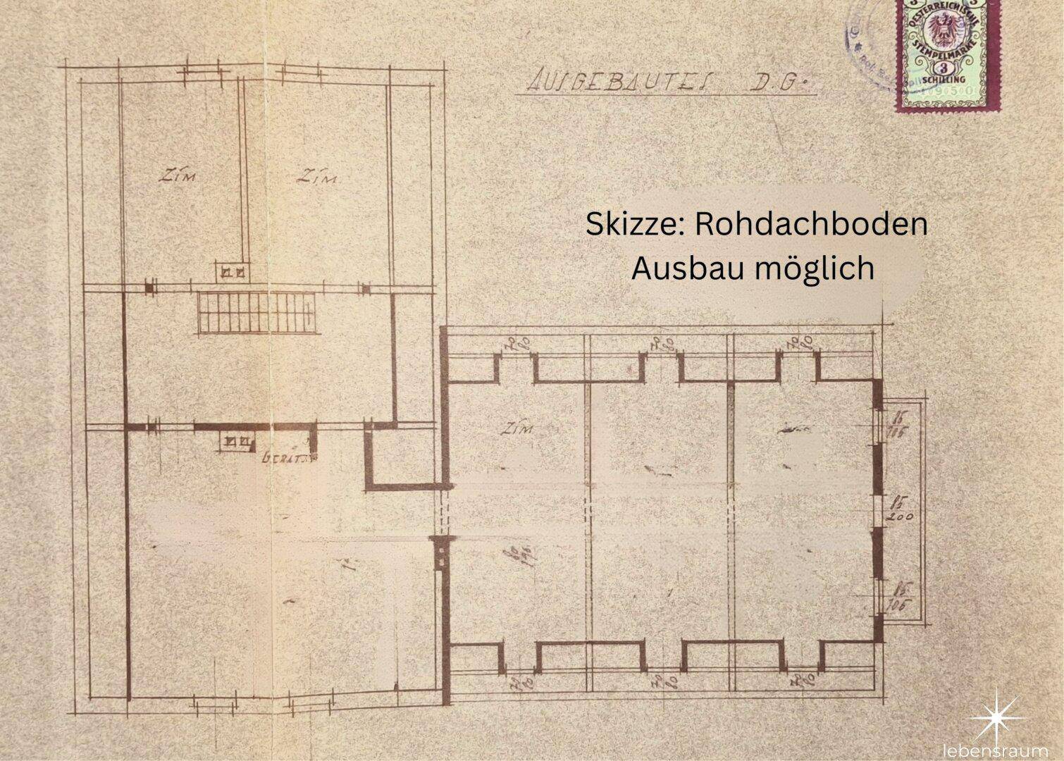 Historische Skizze des Dachgeschosses mit Ausbaupotenzial, zeigt die mögliche Raumgestaltung.