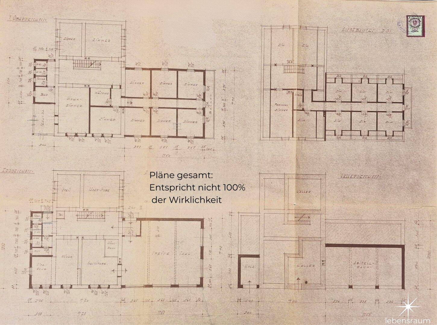 Übersicht mehrerer historischer Grundrisse des Gebäudes, zeigt die gesamte Raumaufteilung.