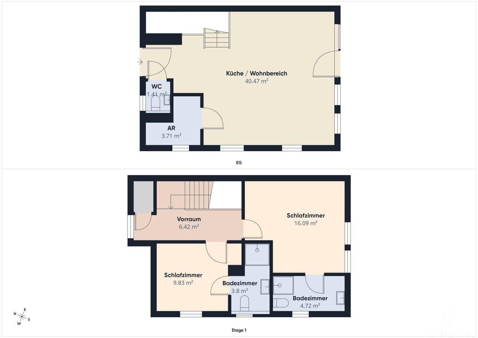 Detaillierter Grundriss des Erdgeschosses und der ersten Etage mit Raumaufteilung.