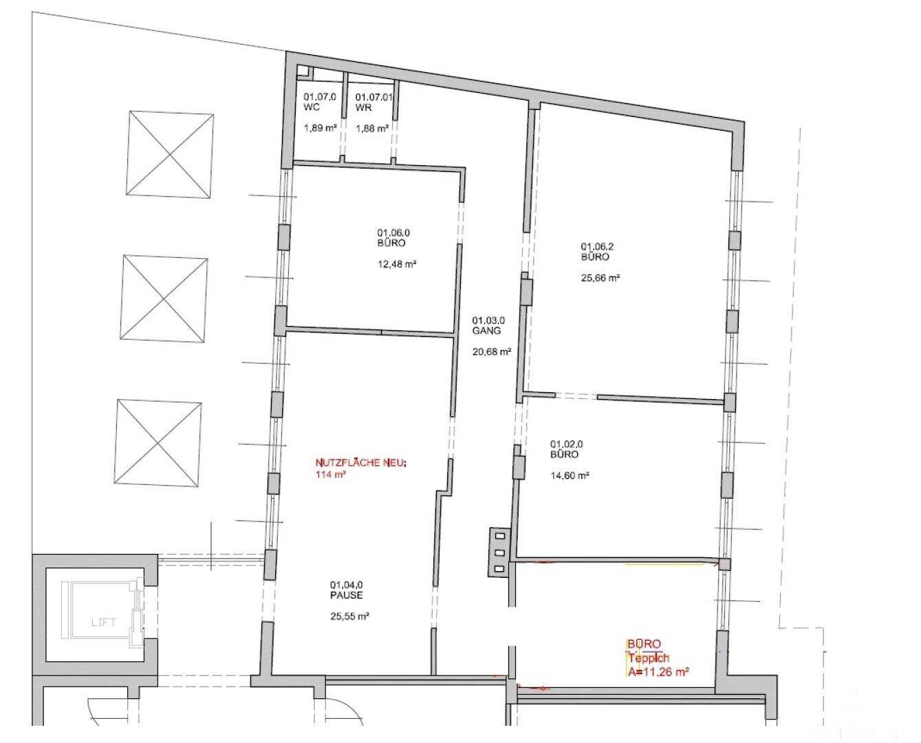 Grundrissplan zeigt Büroräume, einen Gang und eine Teeküche mit Gesamtfläche von 114 m².