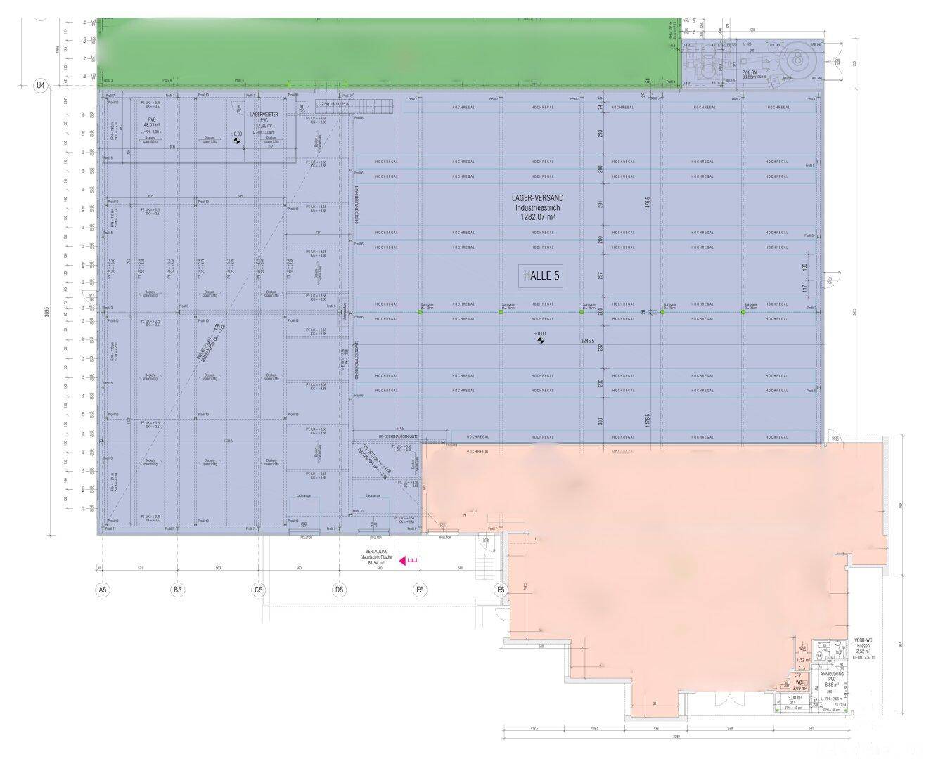 Detaillierter Grundriss der Halle 5 mit verschiedenen Nutzungsbereichen und Abmessungen.
