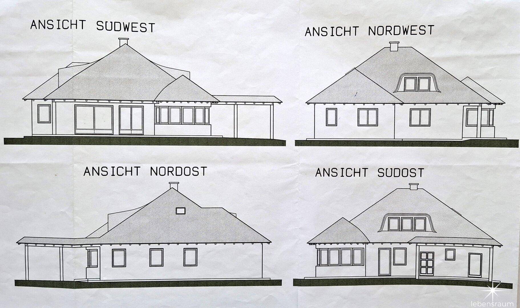 Vier Ansichten des Hauses (Südwest, Nordwest, Nordost, Südost) mit Dach und Fenstern.