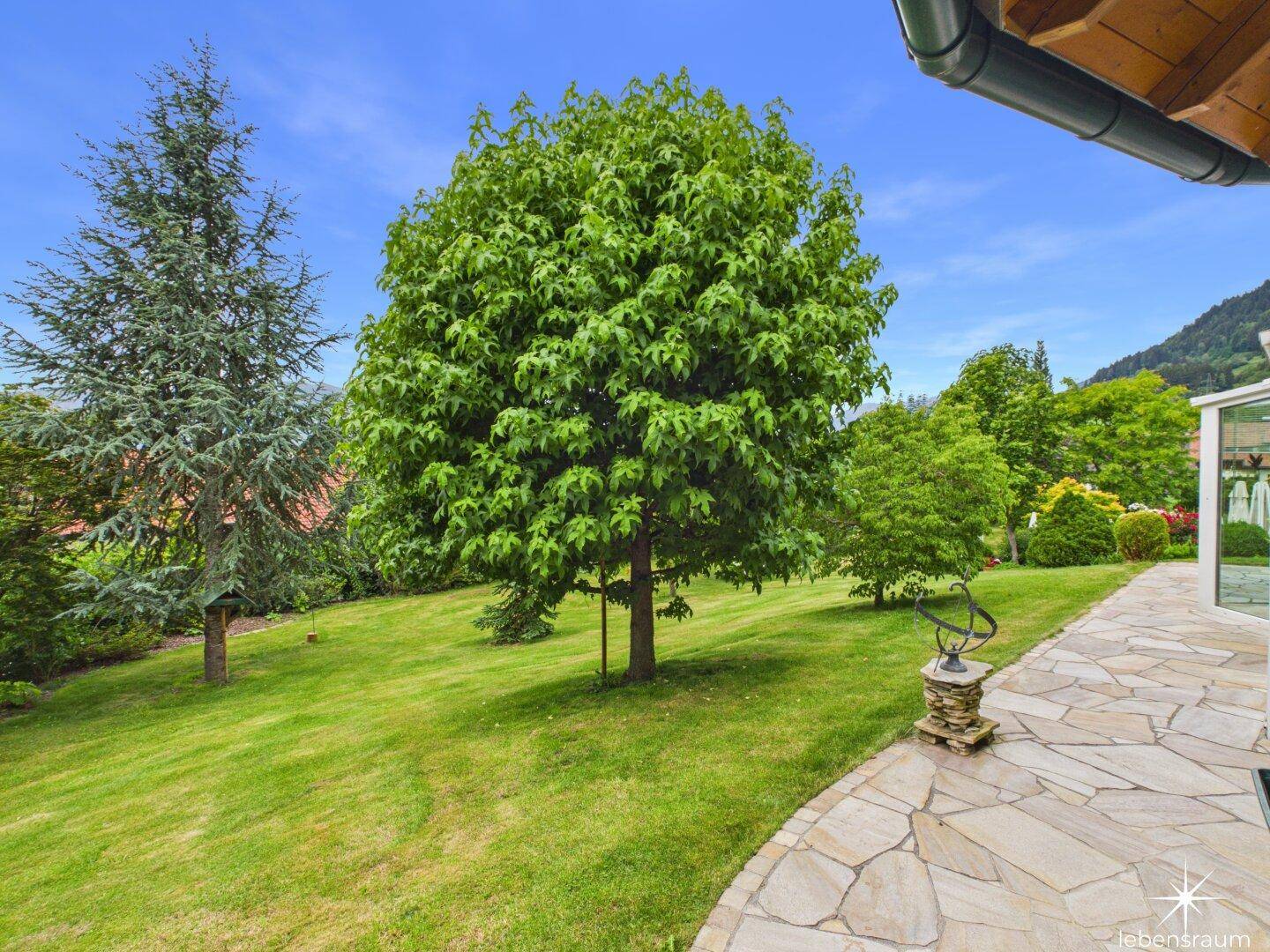 Großer Garten mit Rasenfläche, altem Baum und gepflastertem Weg neben dem Haus.