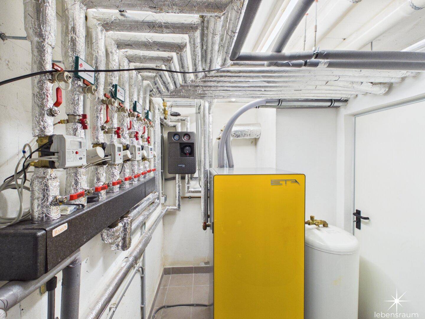 Technischer Raum mit Heizkessel und umfangreicher Installation von Versorgungsleitungen.