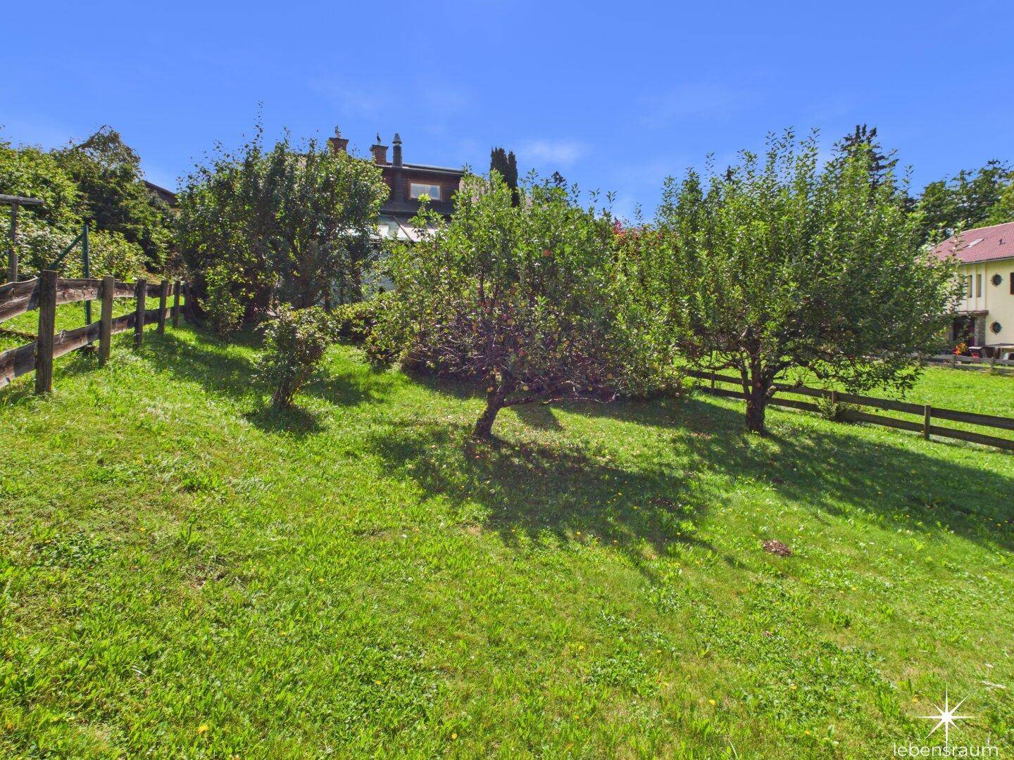 Großer Gartenbereich mit Obstbäumen und weitläufiger Rasenfläche, umgeben von einem Holzzaun.