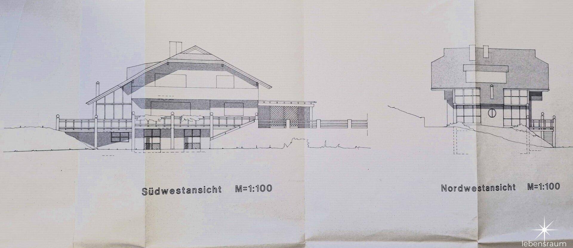 Südwest- und Nordwestansichten des Gebäudes mit Balkonen und Fenstern.