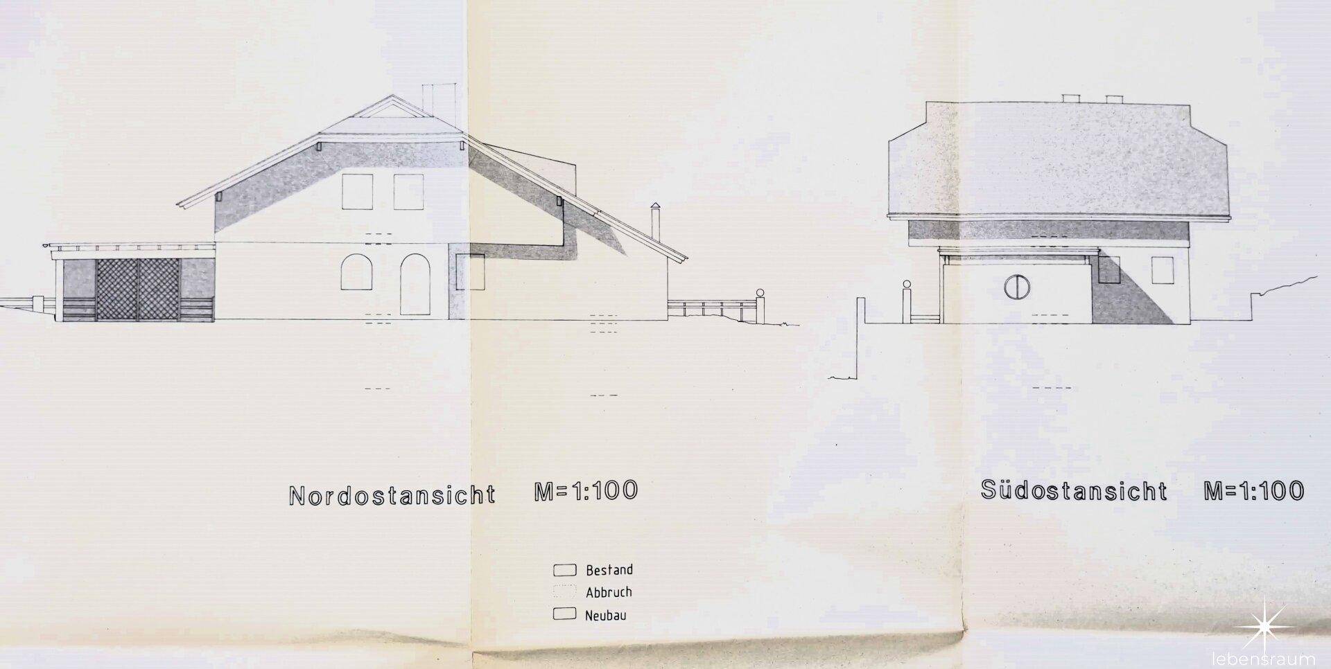 Nordost- und Südostansichten des Hauses mit Details zur Fassadengestaltung.