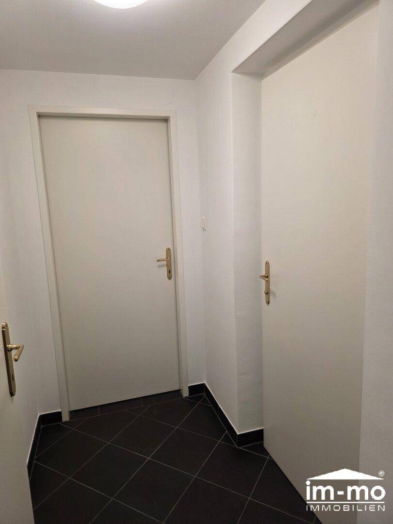 Heller Flur mit mehreren Türen und dunklem Fliesenboden, gut gepflegt.