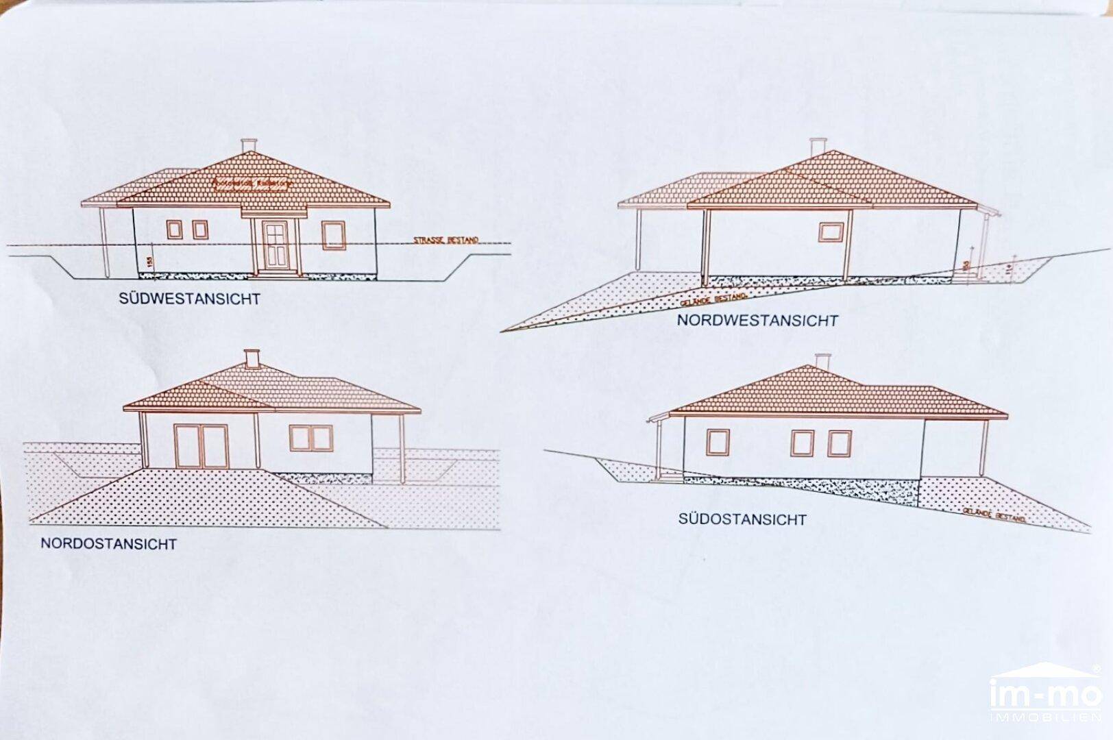 Architektonische Ansichten des Hauses von verschiedenen Himmelsrichtungen.