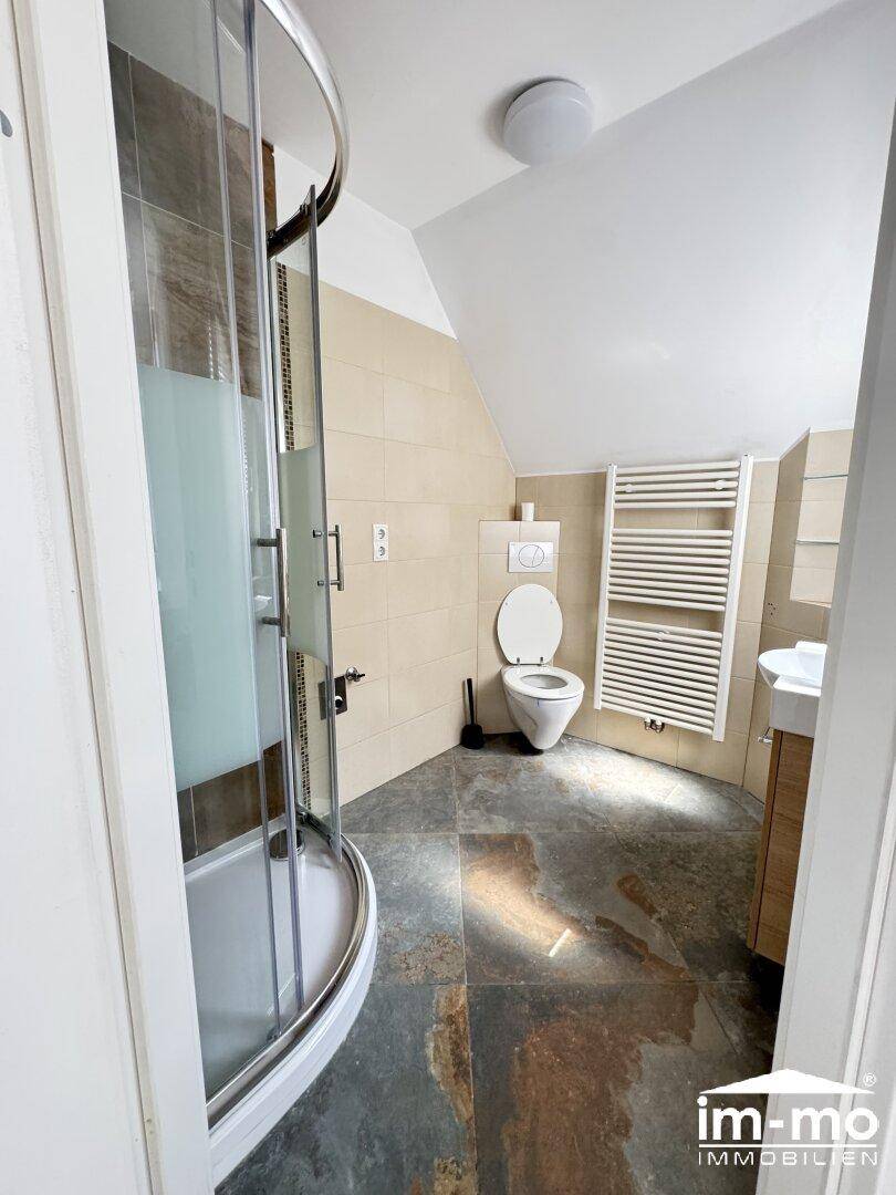 Modernes Badezimmer mit Dusche, WC und beheiztem Handtuchhalter, unter einer Dachschräge.