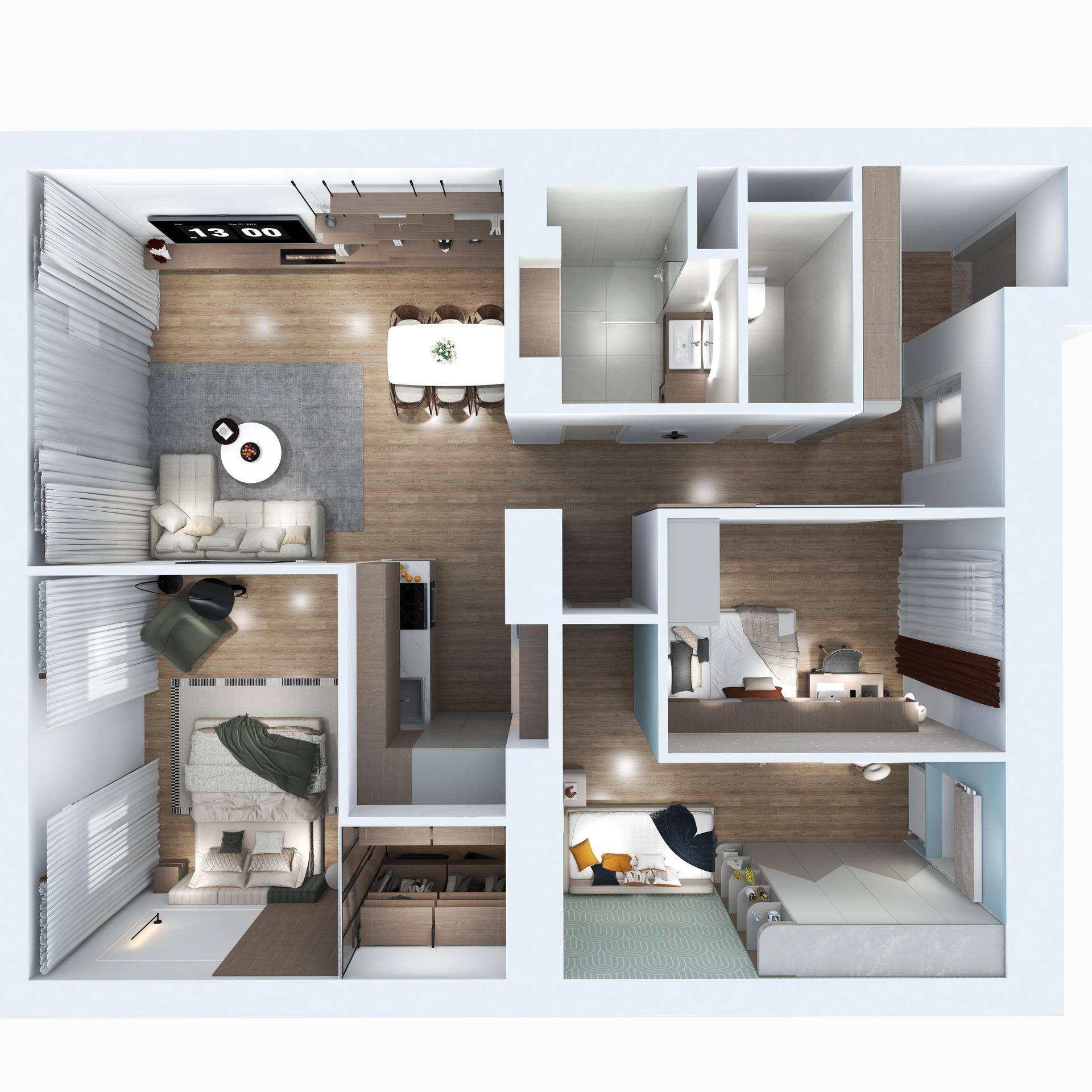 Dreidimensionaler Grundriss einer Wohnung mit mehreren Zimmern und offener Küche.