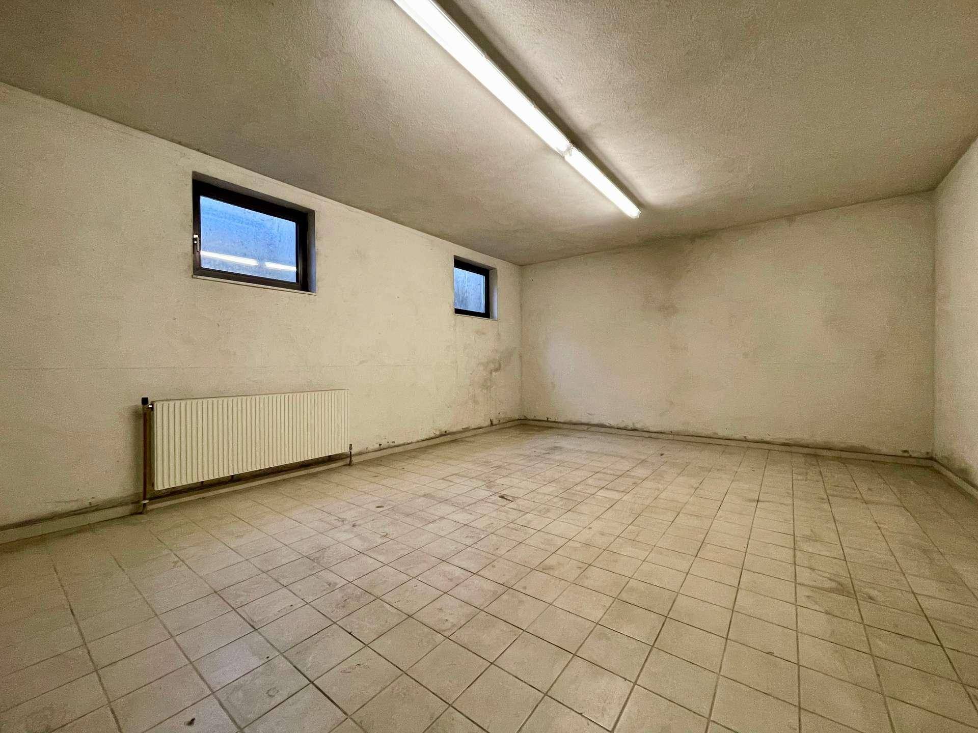 Geräumiger Kellerraum mit Fliesenboden und kleinen Fenstern, vielseitig nutzbar.