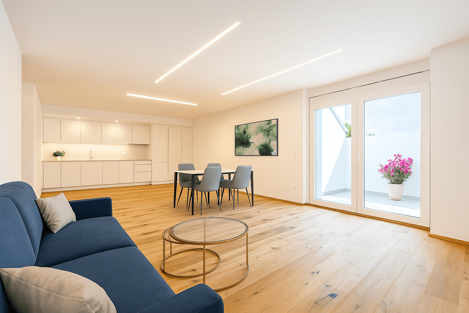 Moderner offener Wohn-Essbereich mit integrierter Küche, Holzboden und Zugang zur Terrasse.