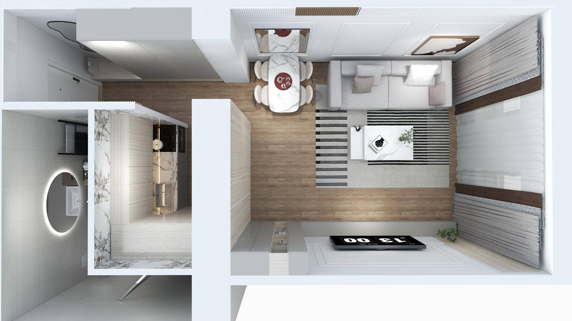 Grundriss einer modernen Wohnung mit offenem Wohnbereich, Esszimmer und Badezimmer.